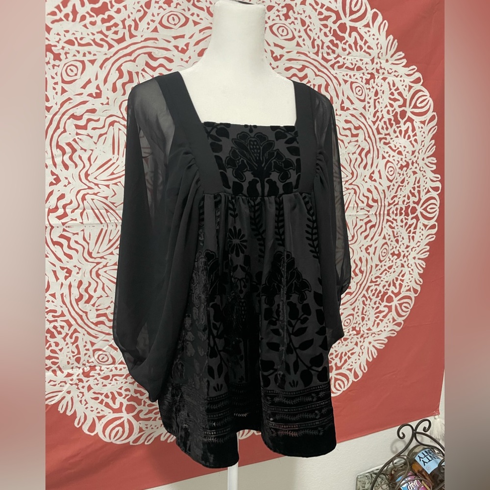 H&M conscious collective black sued and sheer floral top babydoll size small